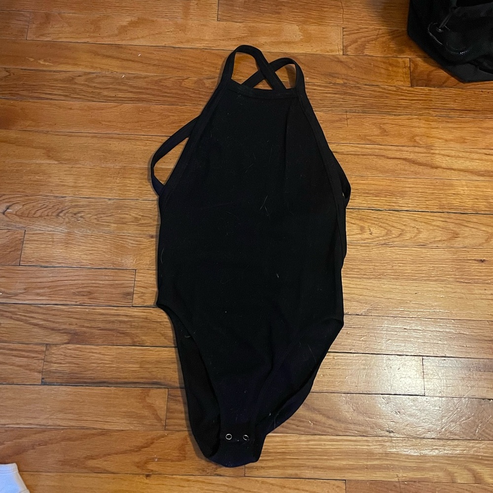 Black ribbed high neck bodysuit with open back